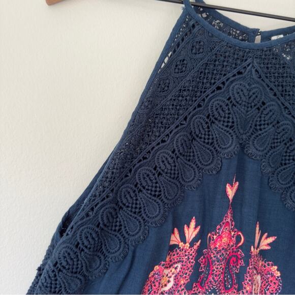 Free People Intimately Boho Paisley Pattern Spaghetti Strap Dress Button Up Lace - Picture 3 of 9